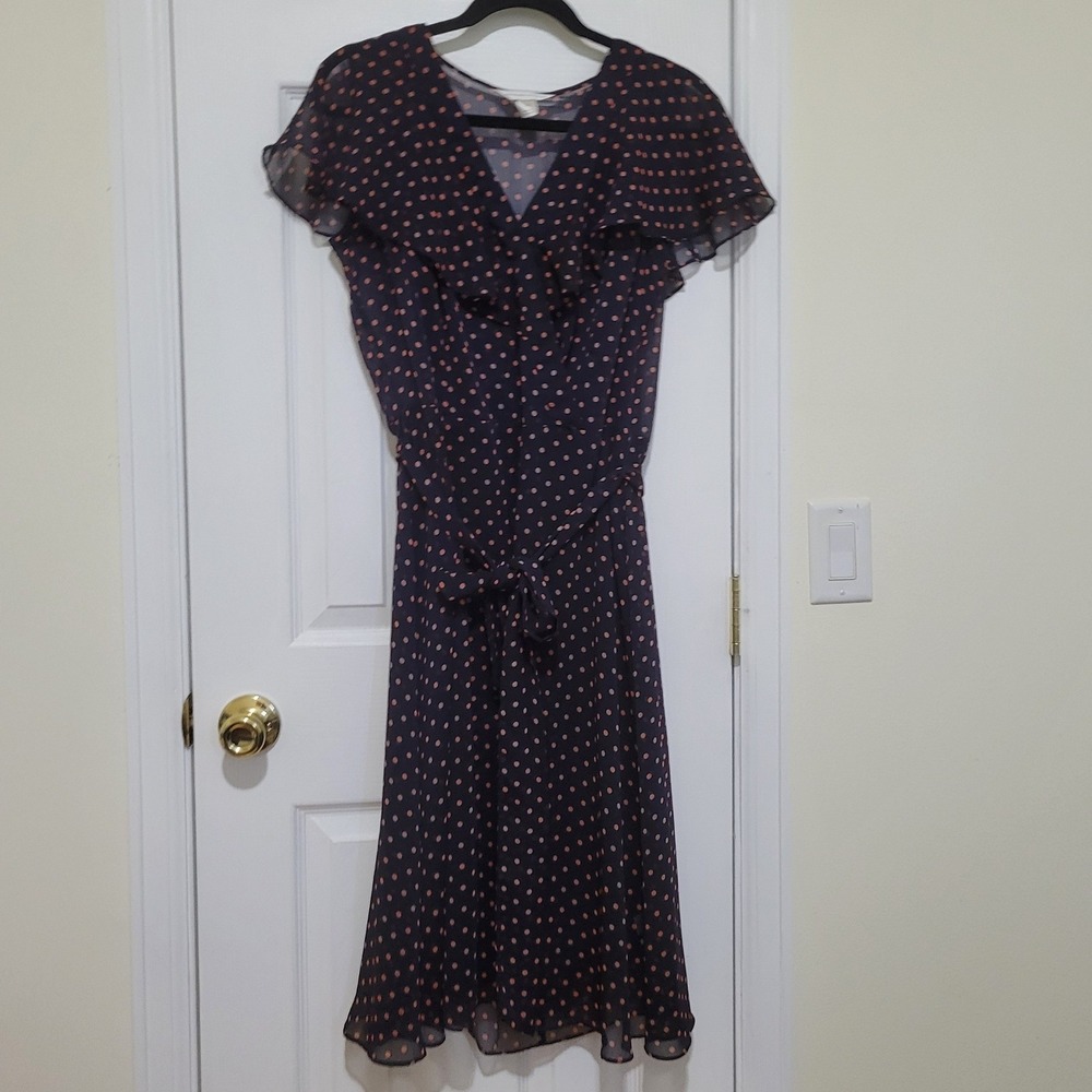 Christopher & Banks Navy Peach Polka Dot Ruffle Midi Dress with Slip Size 10